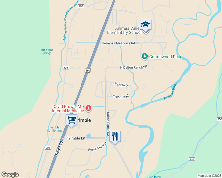 map of restaurants, bars, coffee shops, grocery stores, and more near 51-229 Troon Trail in Durango