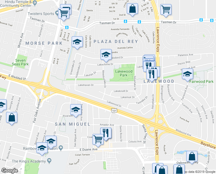 map of restaurants, bars, coffee shops, grocery stores, and more near 754 Lakehaven Drive in Sunnyvale