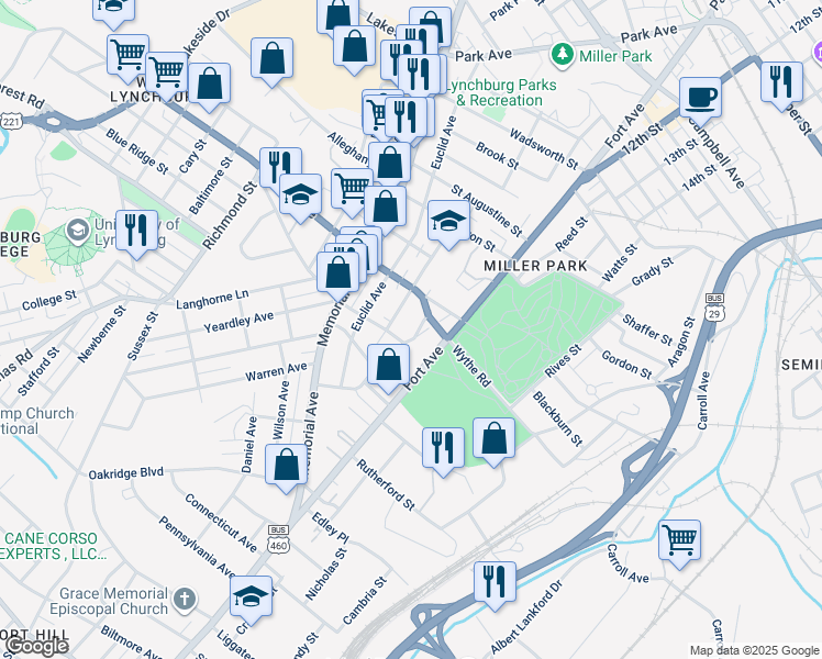 map of restaurants, bars, coffee shops, grocery stores, and more near 719 Sommers Street in Lynchburg