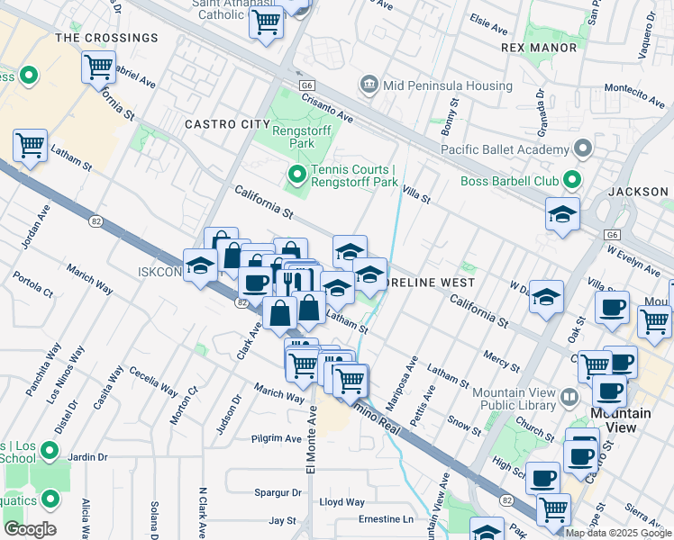 map of restaurants, bars, coffee shops, grocery stores, and more near Escuela Ave & Mt Vernon Ct in Mountain View