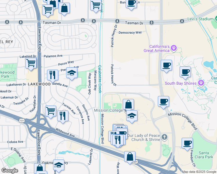 map of restaurants, bars, coffee shops, grocery stores, and more near 3200 Patrick Henry Drive in Santa Clara