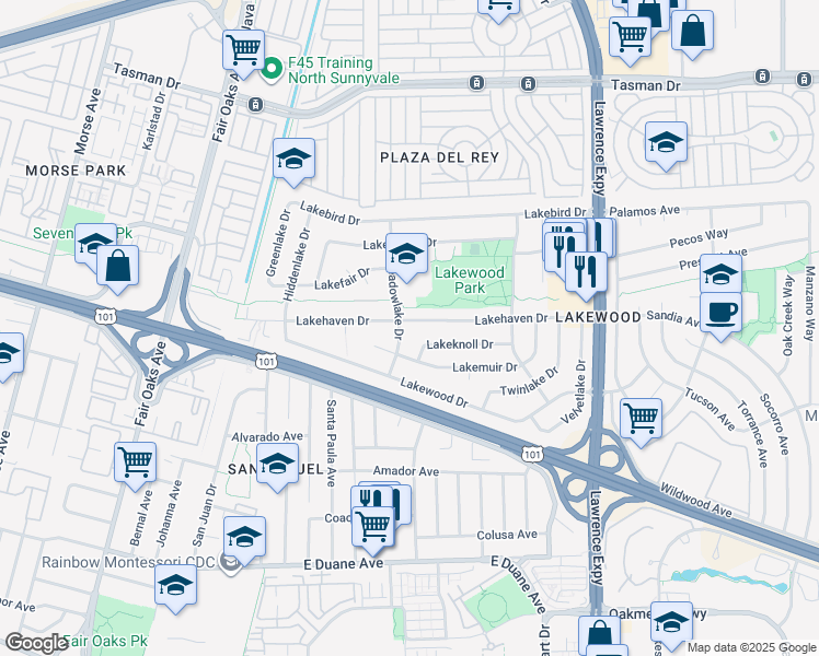 map of restaurants, bars, coffee shops, grocery stores, and more near 754 Lakehaven Drive in Sunnyvale