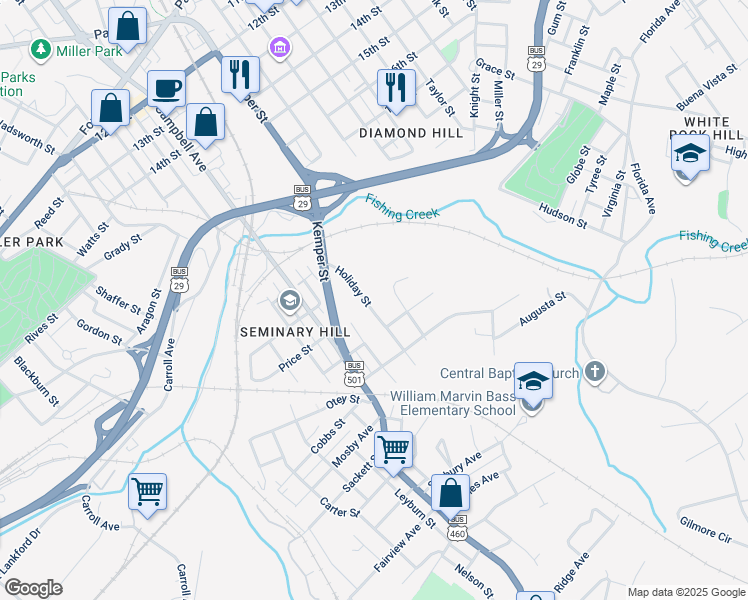 map of restaurants, bars, coffee shops, grocery stores, and more near 1800 Price Street in Lynchburg