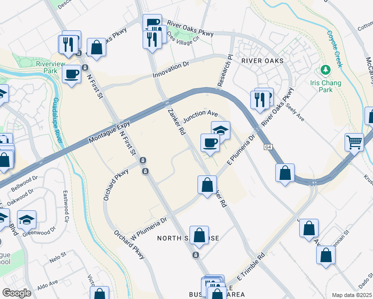 map of restaurants, bars, coffee shops, grocery stores, and more near 187 Daggett Drive in San Jose
