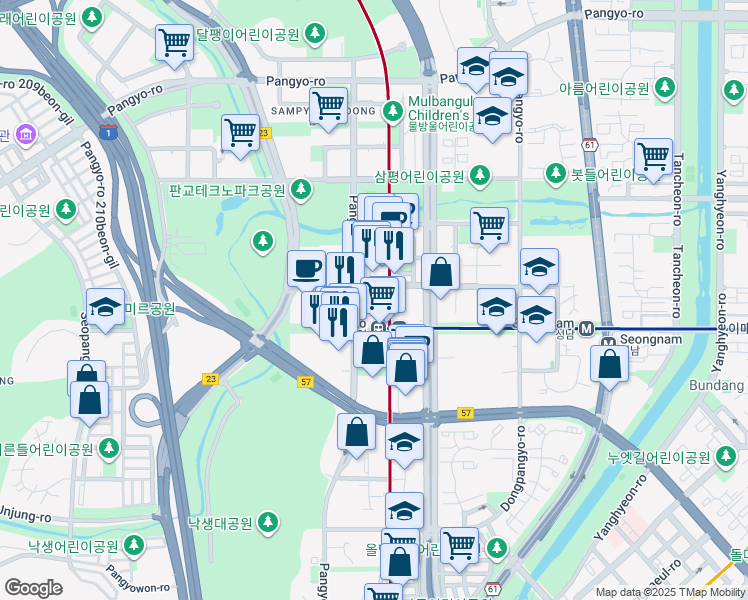 map of restaurants, bars, coffee shops, grocery stores, and more near in Seongnam-si