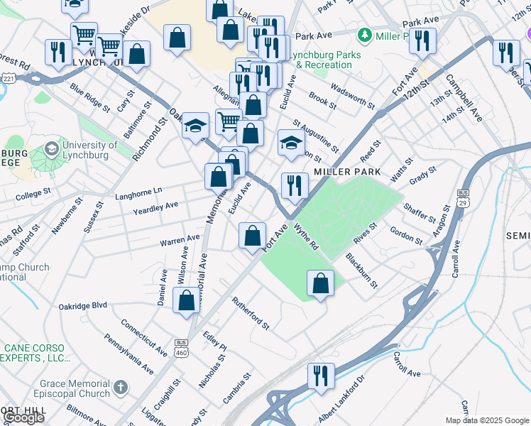 map of restaurants, bars, coffee shops, grocery stores, and more near 719 Sommers Street in Lynchburg