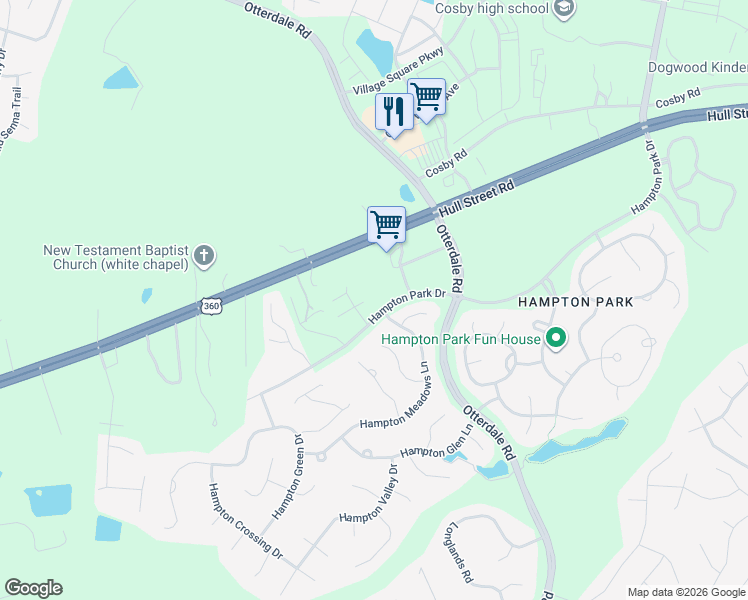 map of restaurants, bars, coffee shops, grocery stores, and more near 15960 Hampton Park Drive in Chesterfield
