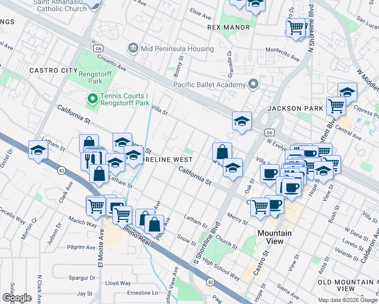 map of restaurants, bars, coffee shops, grocery stores, and more near 305 Mariposa Avenue in Mountain View