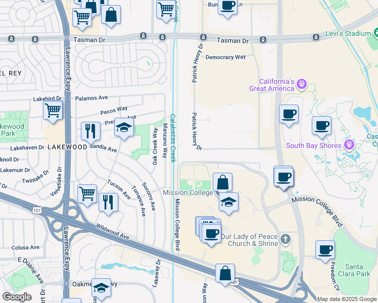 map of restaurants, bars, coffee shops, grocery stores, and more near 3200 Patrick Henry Drive in Santa Clara