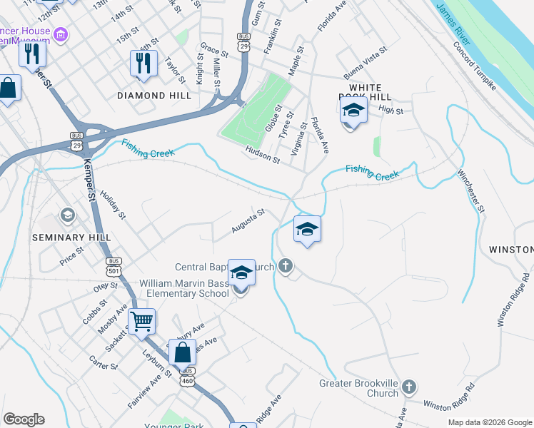 map of restaurants, bars, coffee shops, grocery stores, and more near 1400 Peck St in Lynchburg