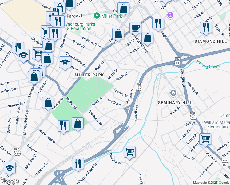 map of restaurants, bars, coffee shops, grocery stores, and more near 1617 Shaffer Street in Lynchburg