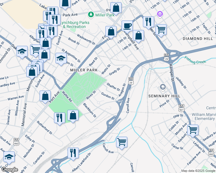 map of restaurants, bars, coffee shops, grocery stores, and more near 1617 Shaffer Street in Lynchburg