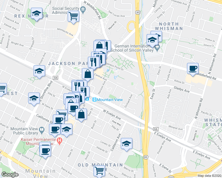 map of restaurants, bars, coffee shops, grocery stores, and more near 268 Andsbury Avenue in Mountain View