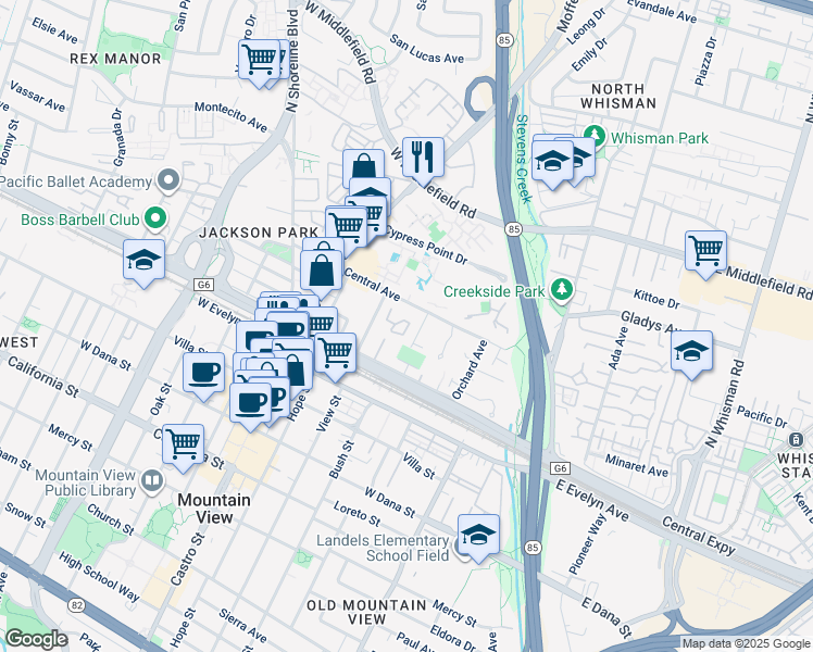 map of restaurants, bars, coffee shops, grocery stores, and more near 268 Andsbury Avenue in Mountain View