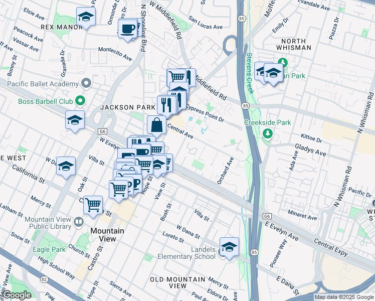 map of restaurants, bars, coffee shops, grocery stores, and more near 209 Horizon Avenue in Mountain View