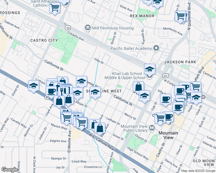 map of restaurants, bars, coffee shops, grocery stores, and more near 108 Oak Haven Place in Mountain View