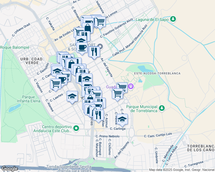 map of restaurants, bars, coffee shops, grocery stores, and more near 3 Calle Flor de Tomillo in Sevilla