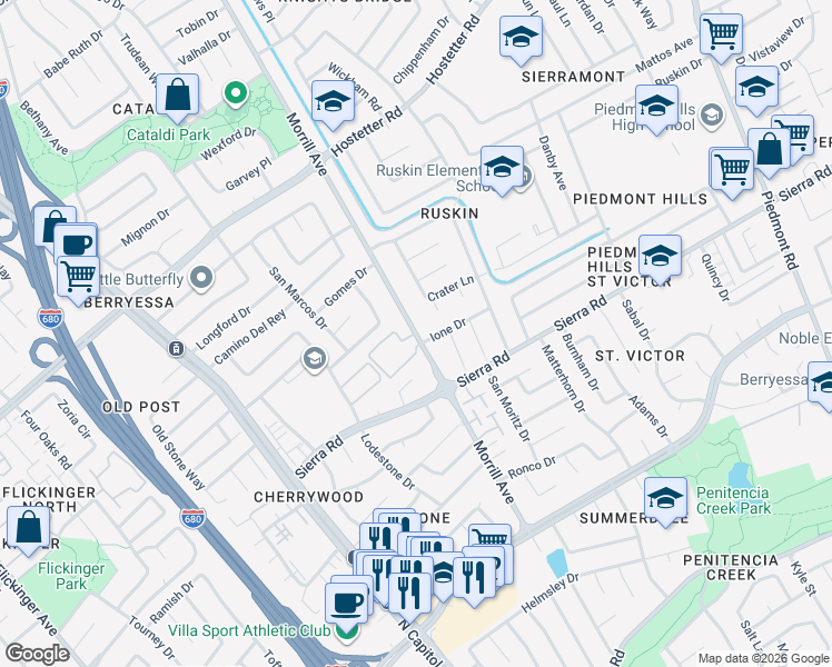 map of restaurants, bars, coffee shops, grocery stores, and more near Morrill Ave & Somerset Park Cir in San Jose