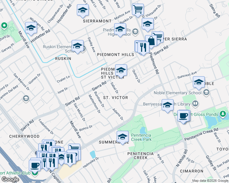 map of restaurants, bars, coffee shops, grocery stores, and more near 1281 Sabal Drive in San Jose