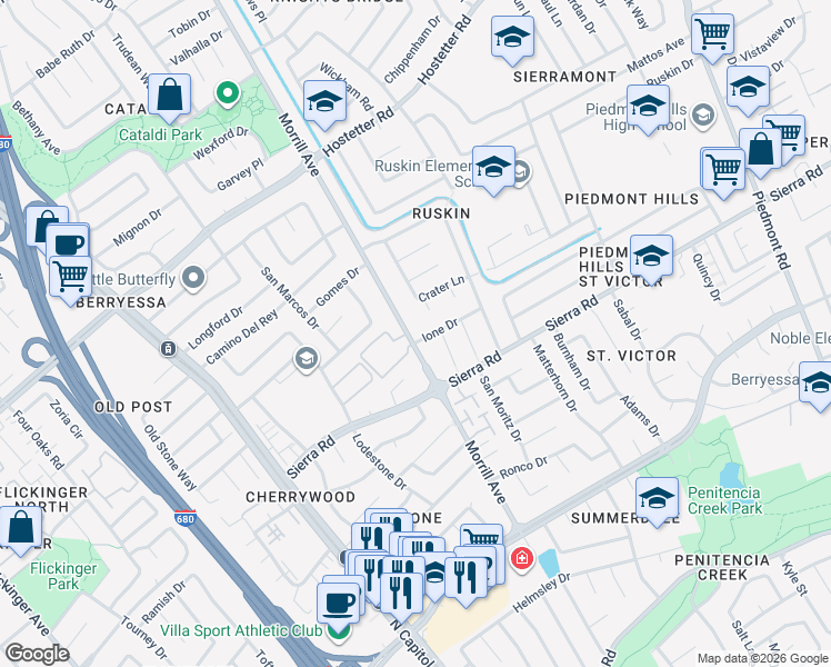 map of restaurants, bars, coffee shops, grocery stores, and more near 1363 Cutforth Court in San Jose