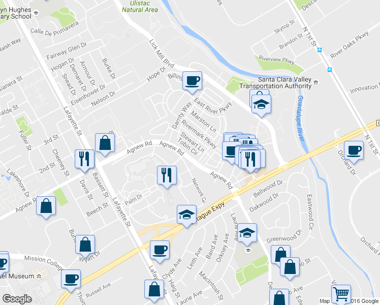 map of restaurants, bars, coffee shops, grocery stores, and more near 4183 Tobin Circle in Santa Clara