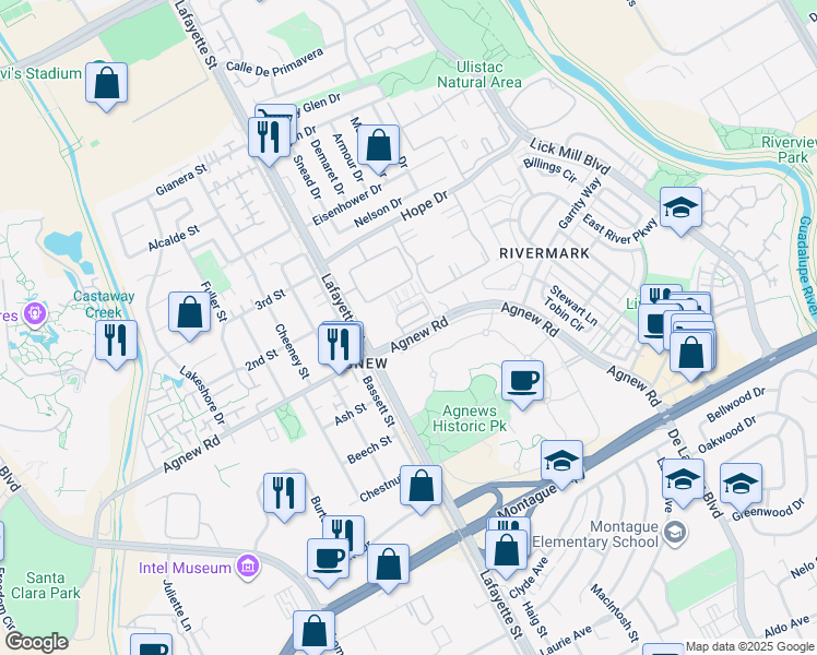 map of restaurants, bars, coffee shops, grocery stores, and more near 1680 Shore Place in Santa Clara