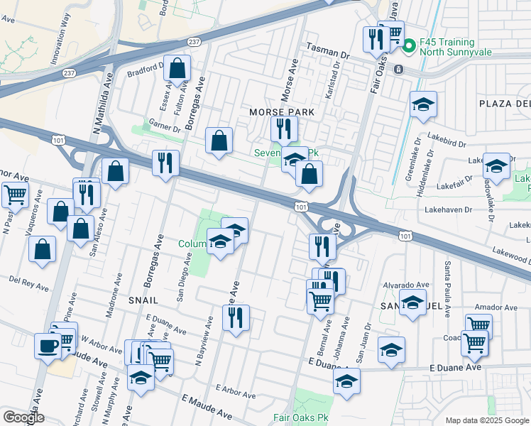 map of restaurants, bars, coffee shops, grocery stores, and more near 71 Morse Avenue in Sunnyvale