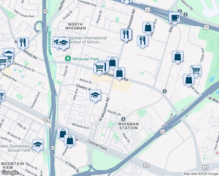 map of restaurants, bars, coffee shops, grocery stores, and more near 264 North Whisman Road in Mountain View