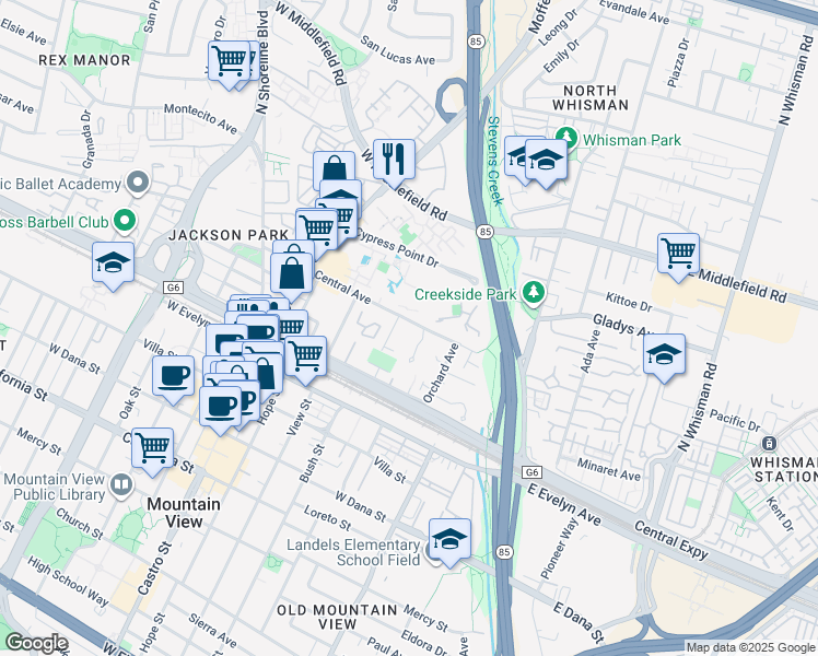 map of restaurants, bars, coffee shops, grocery stores, and more near 505 Cypress Point Drive in Mountain View