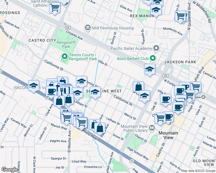 map of restaurants, bars, coffee shops, grocery stores, and more near 365 Chiquita Avenue in Mountain View
