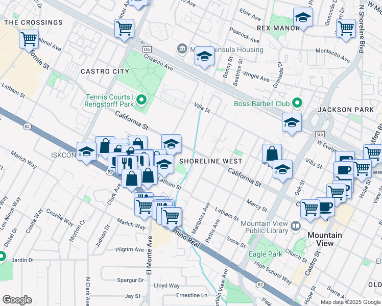 map of restaurants, bars, coffee shops, grocery stores, and more near 1824 California Street in Mountain View