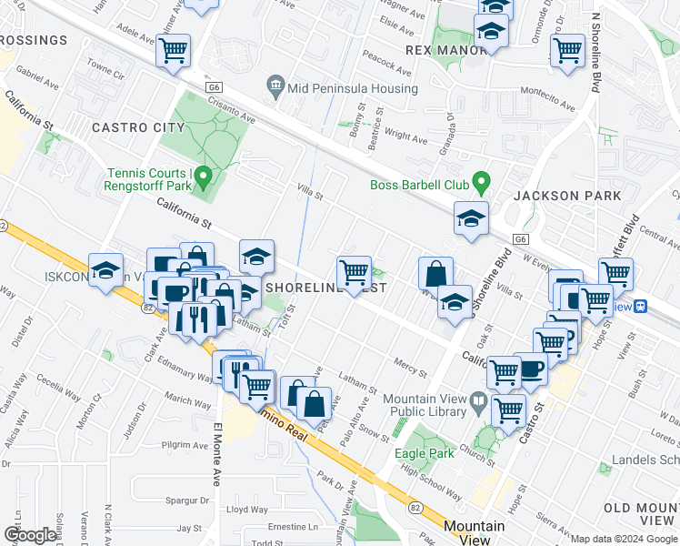 map of restaurants, bars, coffee shops, grocery stores, and more near 365 Chiquita Avenue in Mountain View