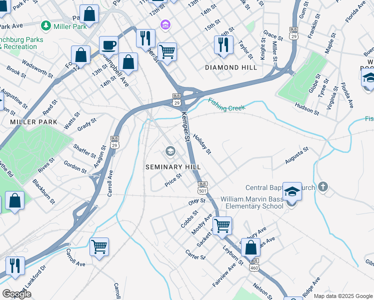 map of restaurants, bars, coffee shops, grocery stores, and more near 2105 Tazewell Avenue in Lynchburg