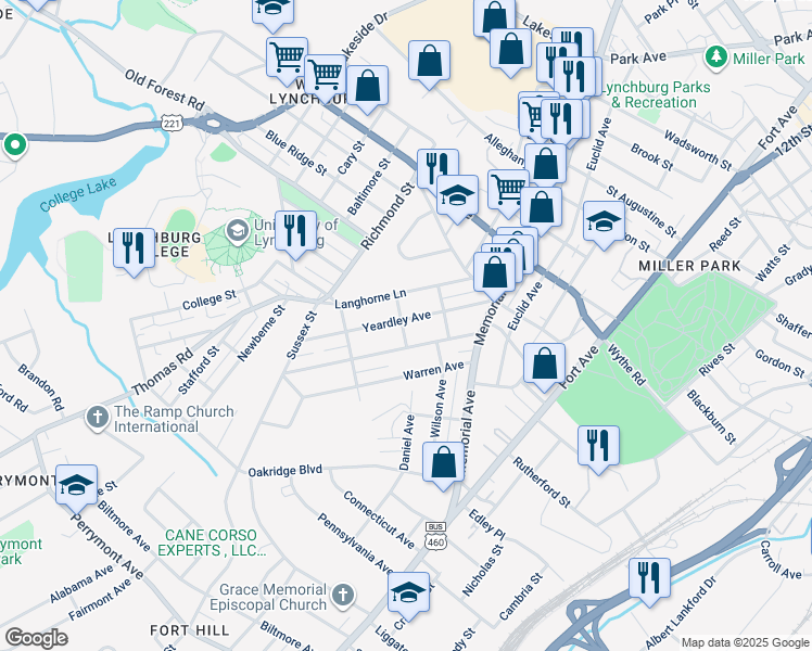 map of restaurants, bars, coffee shops, grocery stores, and more near 217 Yeardley Avenue in Lynchburg