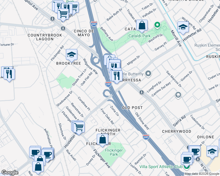 map of restaurants, bars, coffee shops, grocery stores, and more near Sinclair Freeway in San Jose