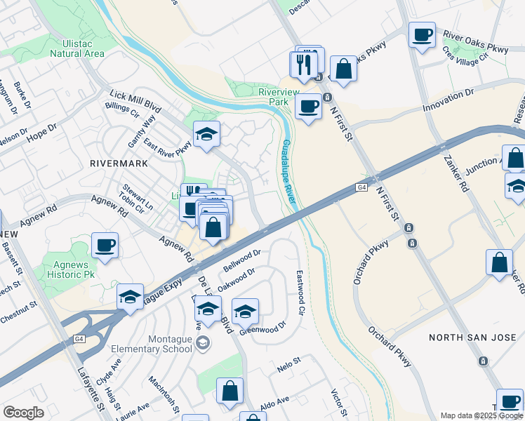 map of restaurants, bars, coffee shops, grocery stores, and more near 3901 Lick Mill Boulevard in Santa Clara
