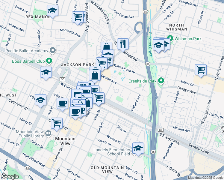 map of restaurants, bars, coffee shops, grocery stores, and more near 215 Horizon Avenue in Mountain View