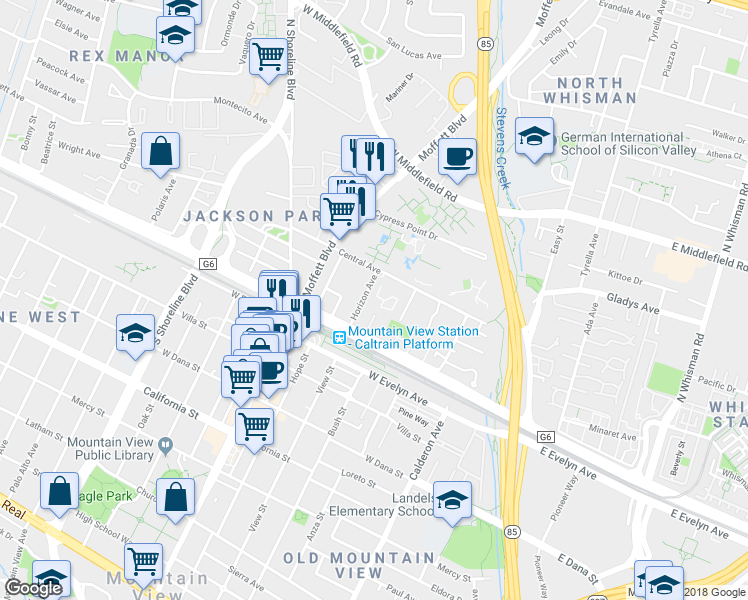 map of restaurants, bars, coffee shops, grocery stores, and more near 215 Horizon Avenue in Mountain View
