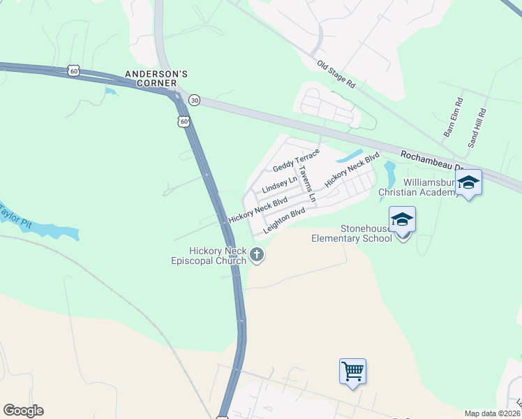 map of restaurants, bars, coffee shops, grocery stores, and more near Hickory Neck Boulevard in James City