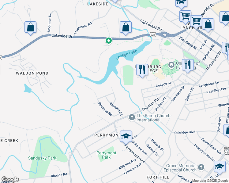 map of restaurants, bars, coffee shops, grocery stores, and more near 1218 Shirley Road in Lynchburg