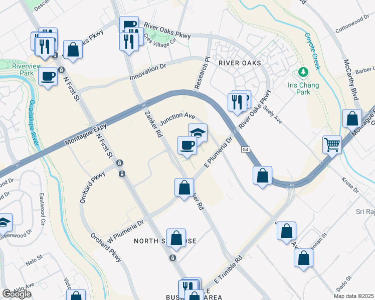 map of restaurants, bars, coffee shops, grocery stores, and more near 2880 Zanker Road in San Jose