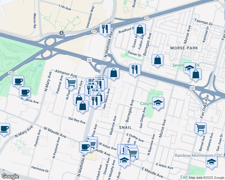 map of restaurants, bars, coffee shops, grocery stores, and more near 815 Santa Cecilia Terrace in Sunnyvale