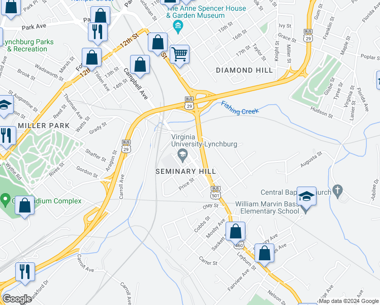 map of restaurants, bars, coffee shops, grocery stores, and more near 2128 Campbell Avenue in Lynchburg