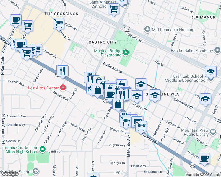 map of restaurants, bars, coffee shops, grocery stores, and more near 1990 Latham Street in Mountain View