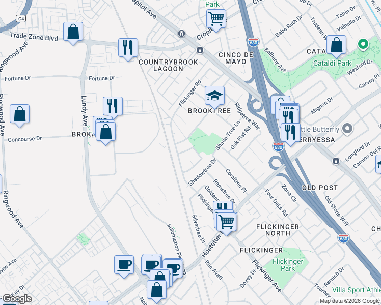 map of restaurants, bars, coffee shops, grocery stores, and more near 2284 Fallingtree Drive in San Jose