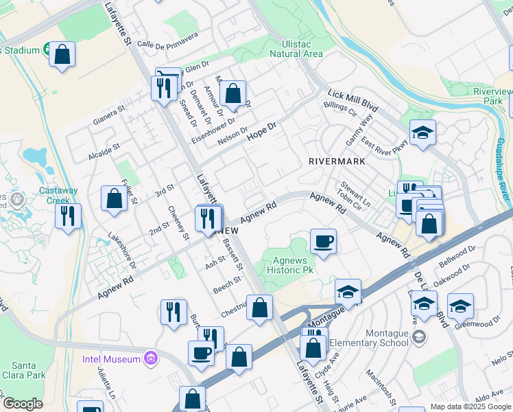 map of restaurants, bars, coffee shops, grocery stores, and more near 1680 Shore Place in Santa Clara