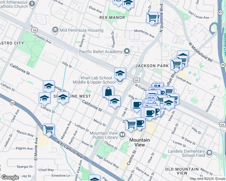 map of restaurants, bars, coffee shops, grocery stores, and more near 1260 Villa Street in Mountain View