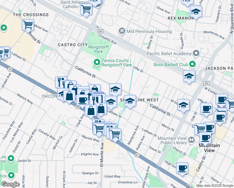 map of restaurants, bars, coffee shops, grocery stores, and more near in Mountain View