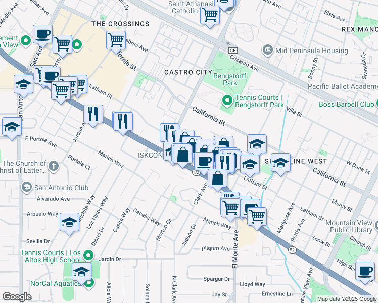 map of restaurants, bars, coffee shops, grocery stores, and more near 2050 Latham Street in Mountain View