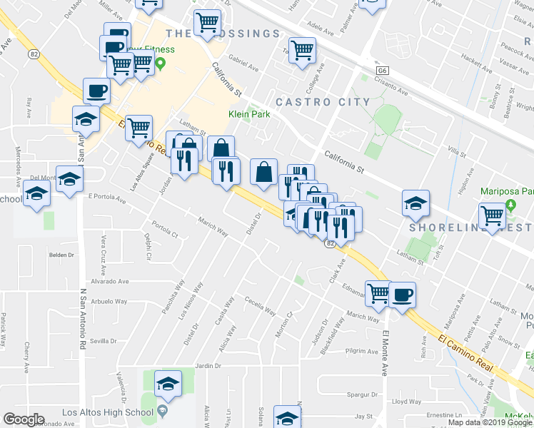 map of restaurants, bars, coffee shops, grocery stores, and more near 2116 California 82 in Mountain View